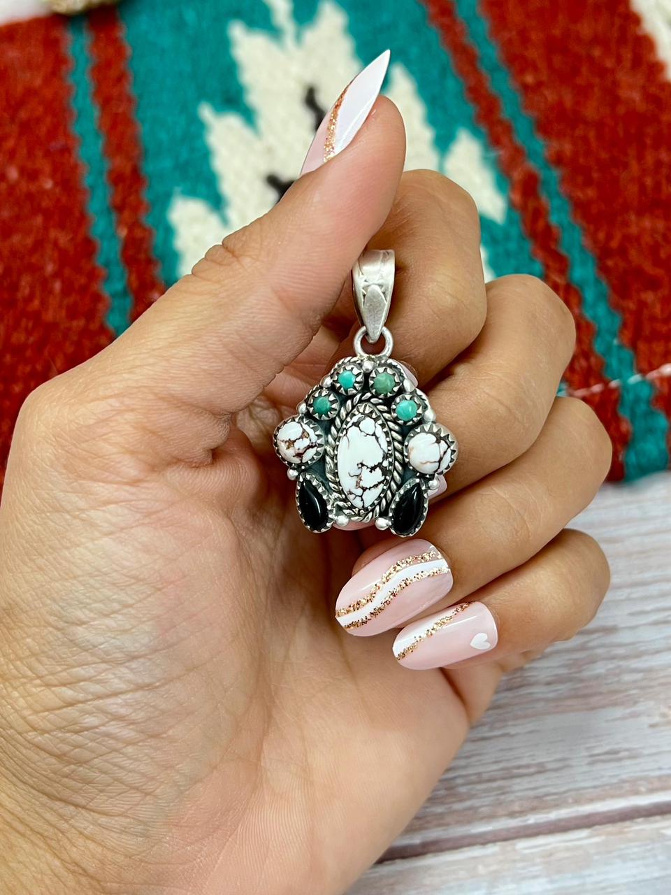 Handmade Sterling Silver Kingman with Wildhorse and Black Onyx Pendant "Signed Nizhoni"