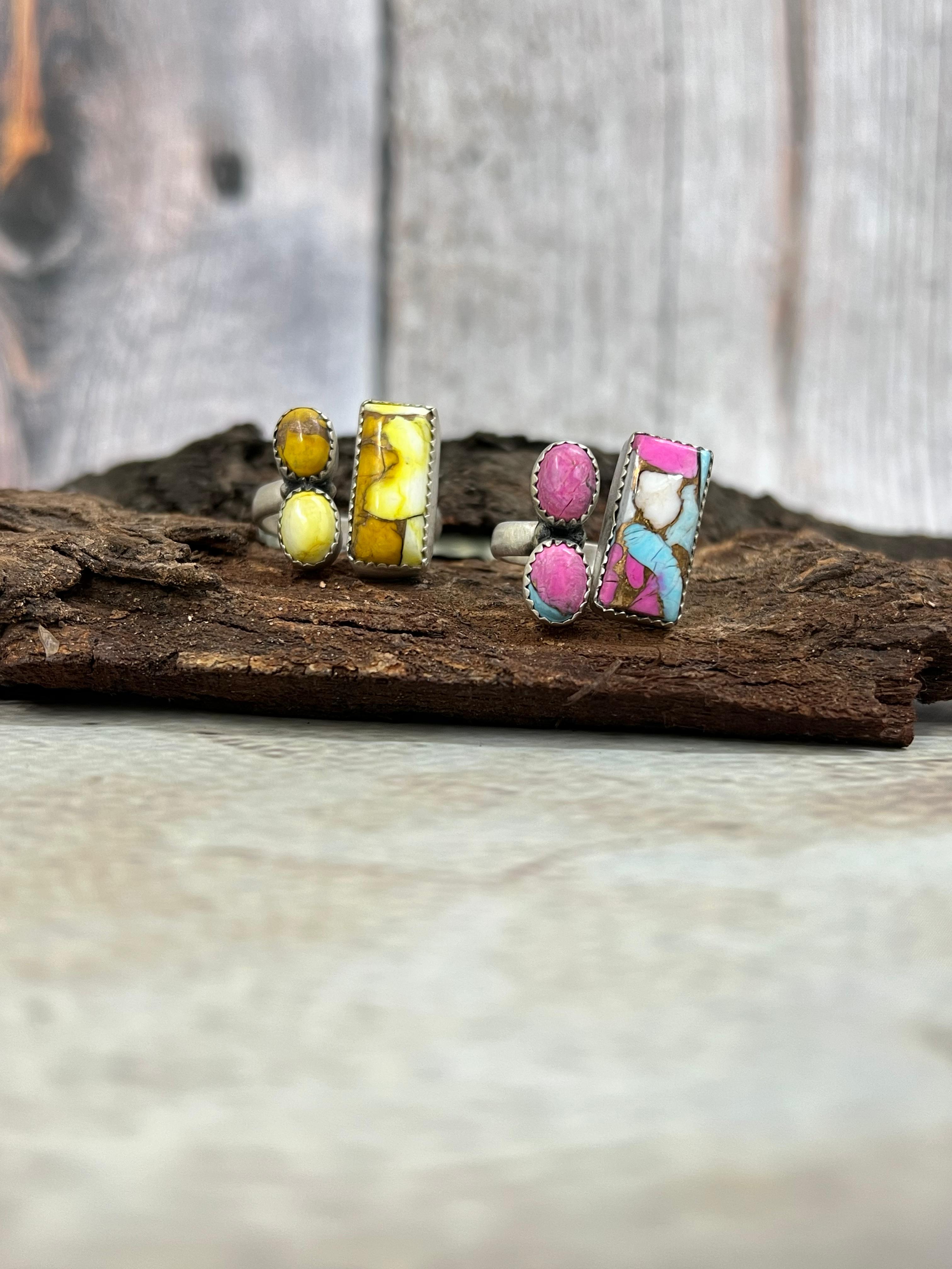 Handmade Sterling Silver Honey Dahlia, Cotton Candy Turquoise Adjustable Ring with Signed Nizhoni (2)