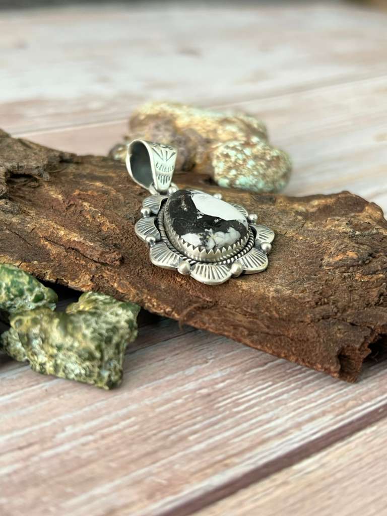 Handmade Sterling Silver White Buffalo Turquoise Pendant with Signed Nizhoni