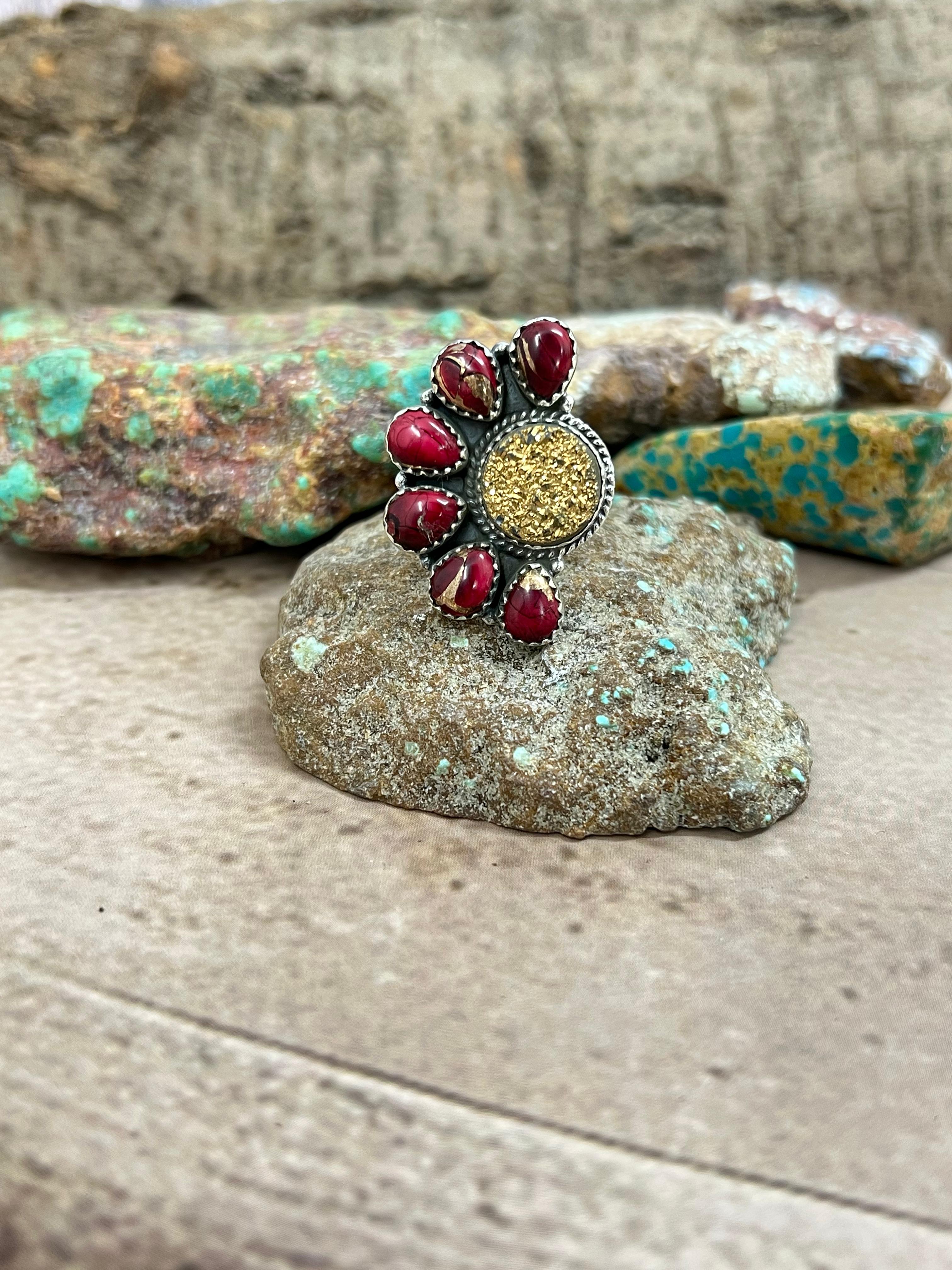 Handmade Sterling Silver Dahlia Rose with Druzy Adjustable Ring with Signed Nizhoni