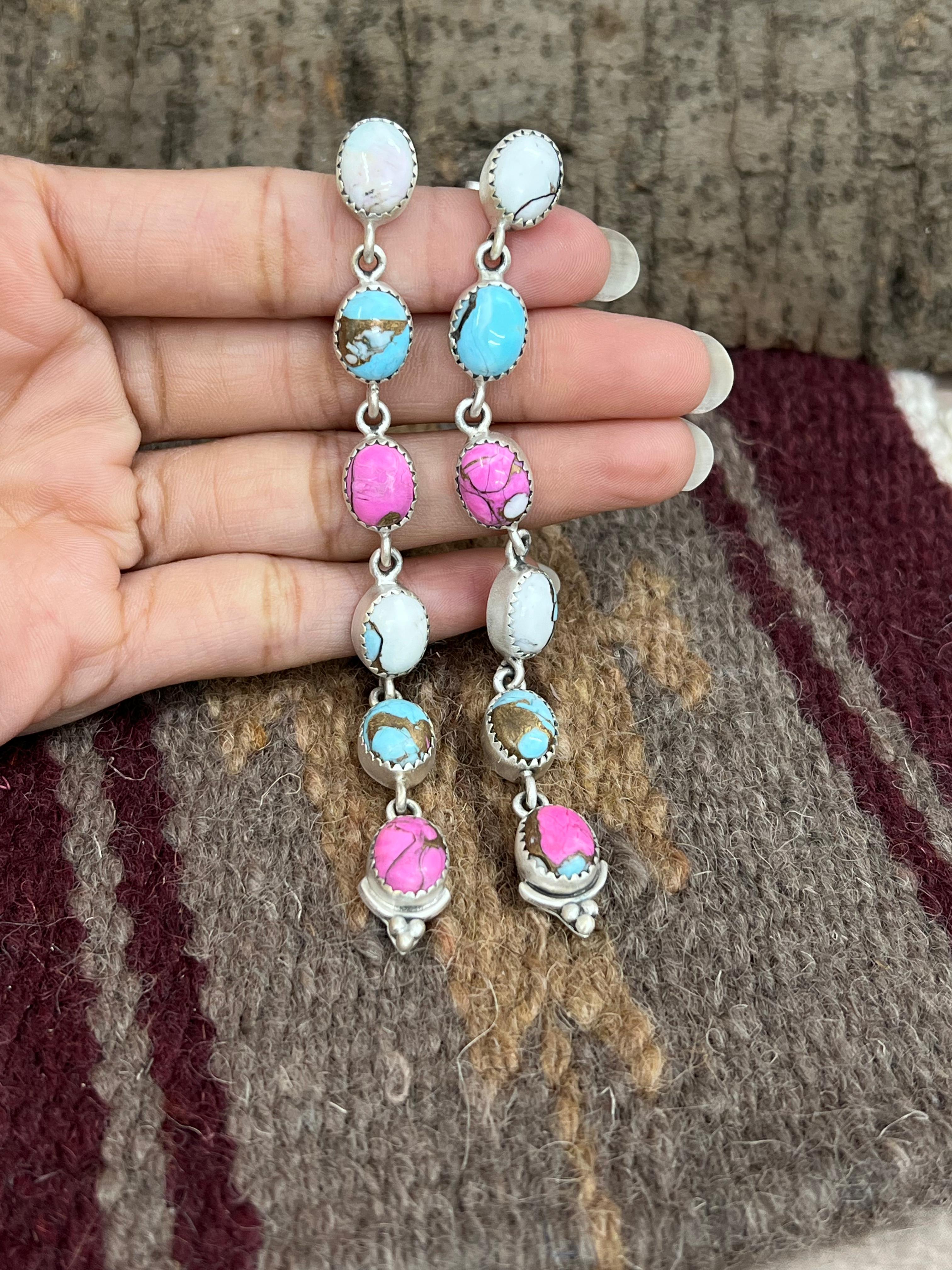 Handmade Sterling Silver Cotton Candy Turquoise Post Dangle Earrings with Signed Nizhoni