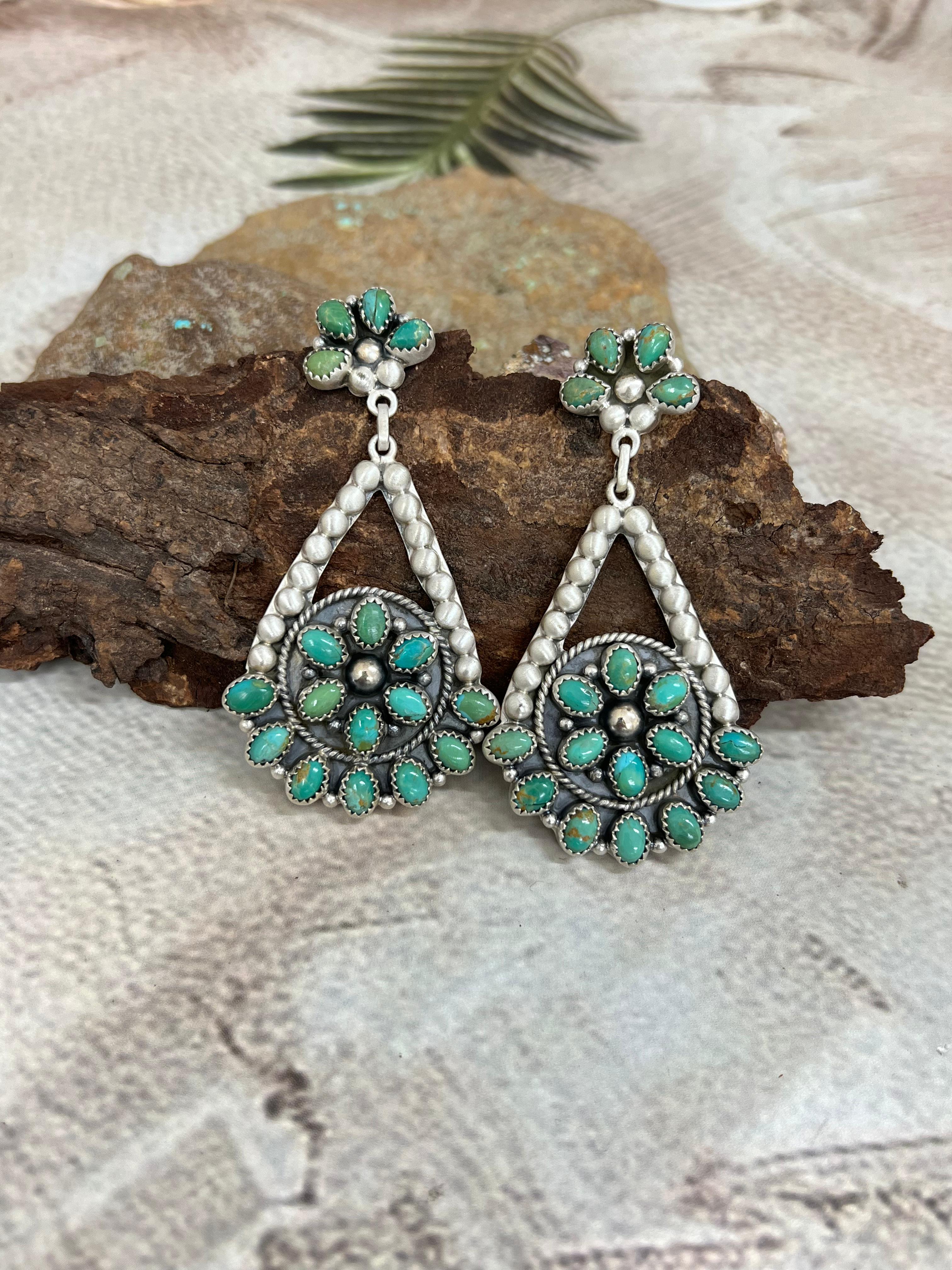 Handmade Sterling Silver Kingman Turquoise Post Dangle Earrings with Signed Nizhoni