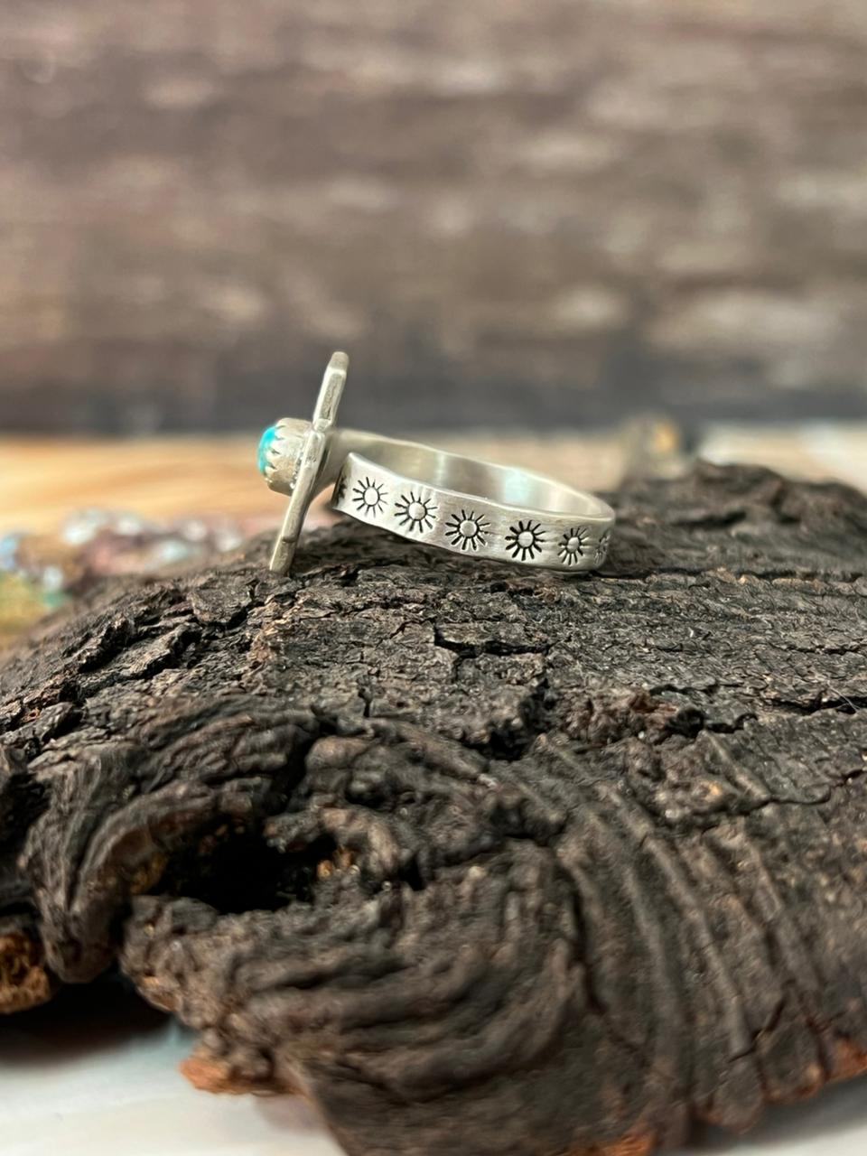 Handmade Sterling Silver Kingman Turquoise Cross Adjustable Ring "Signed Nizhoni"