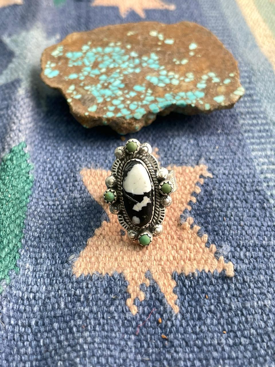 Handmade Sterling Silver White Buffalo with Kingman Turquoise Adjustable Ring "Signed Nizhoni"