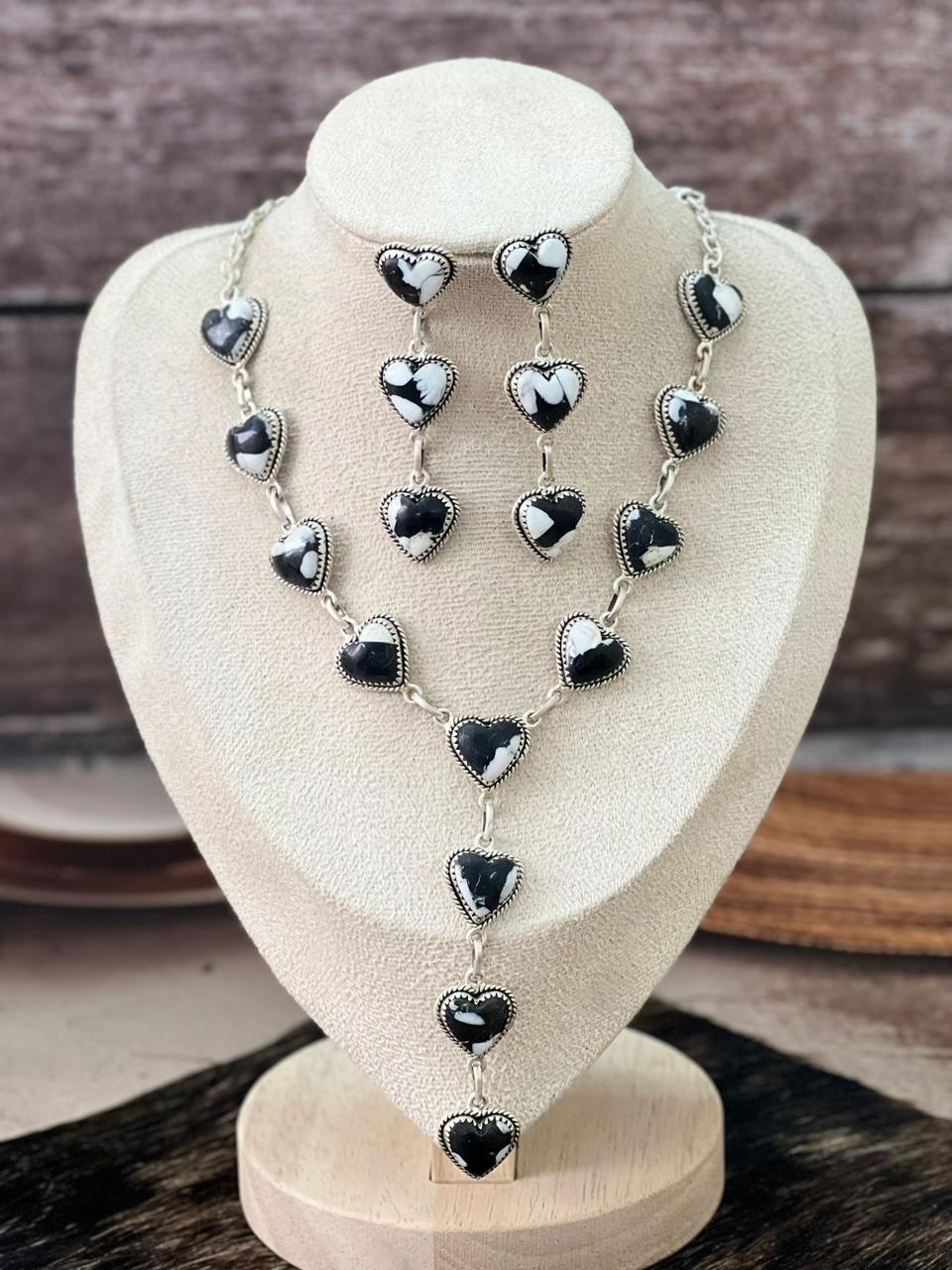 Handmade Sterling Silver White Buffalo Necklace Earrings Set "Signed Nizhoni"