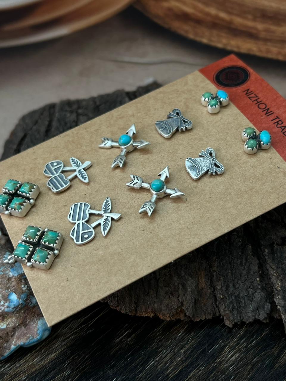 Handmade Sterling Silver Kingman Turquoise Post Studs Earrings Set