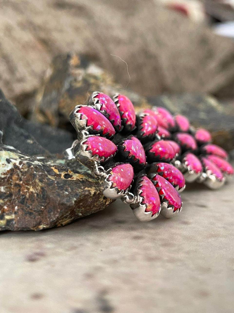 "Heart Collection" Handmade Sterling Silver Hot Pink Post Studs Earrings "Signed Nizhoni"