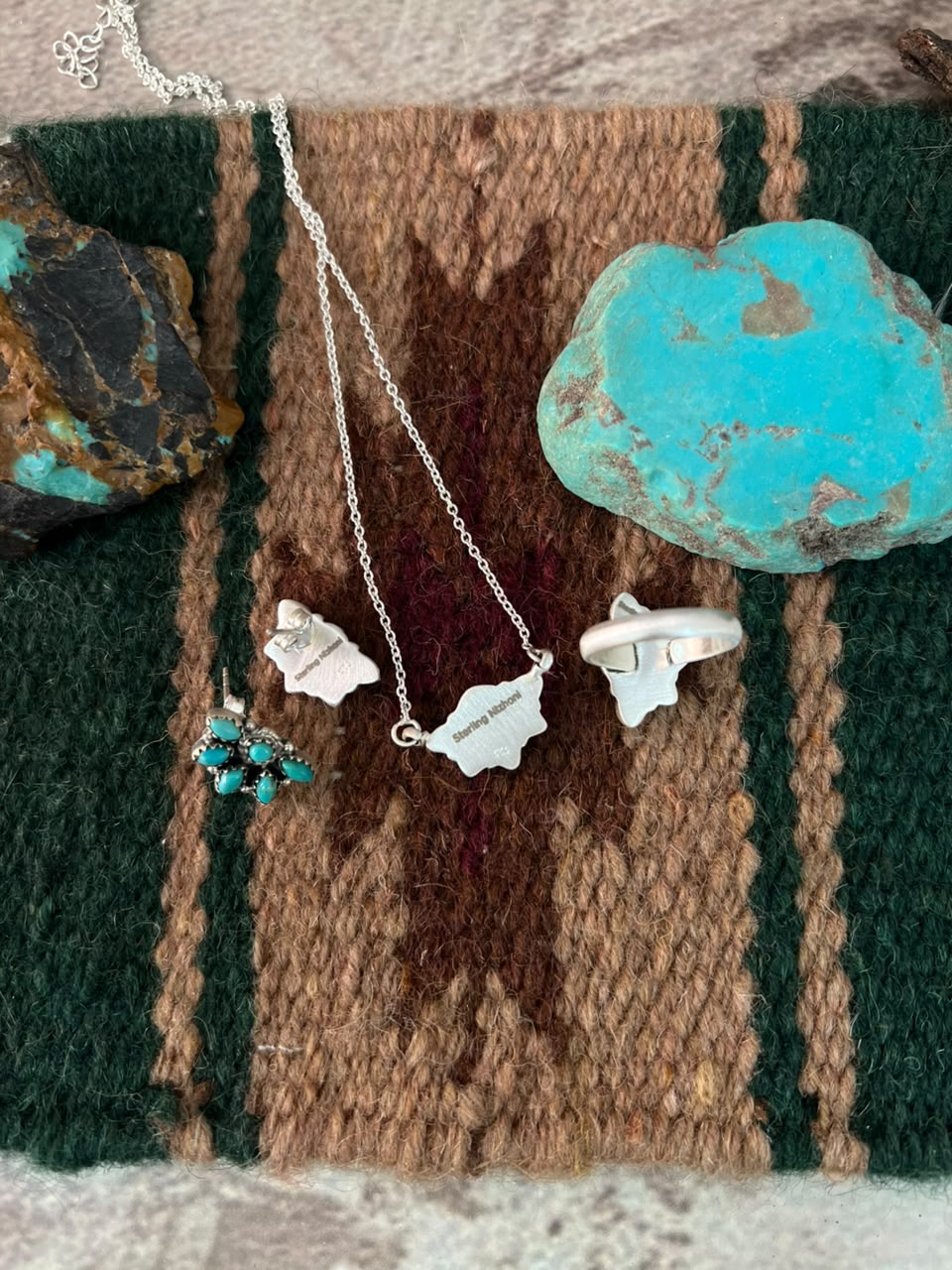 Handmade Sterling Silver Kingman Turquoise Necklace Earrings and Ring Set Signed Nizhoni