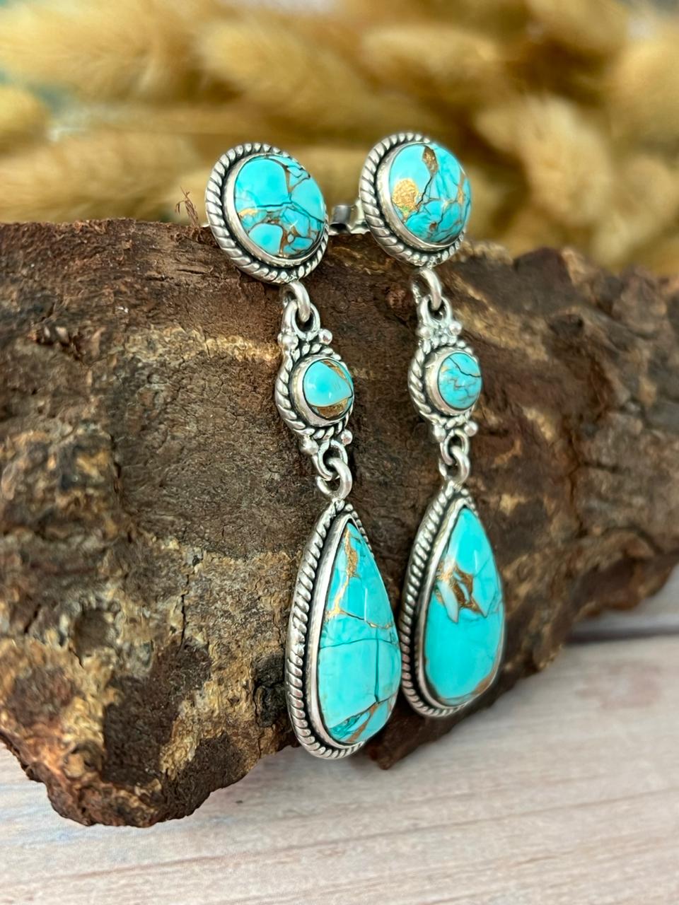 Handmade Sterling Silver Mint Dahlia Collection: Post Dangle Earrings "Signed Nizhoni"