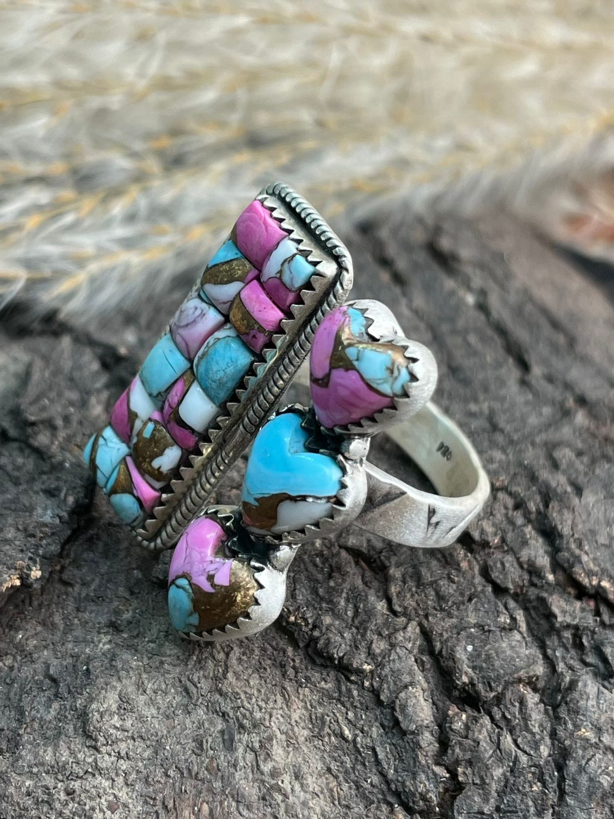 Handmade Sterling Silver 'Cotton Candy Cobble Collection' Adjustable Ring "Signed Nizhoni"