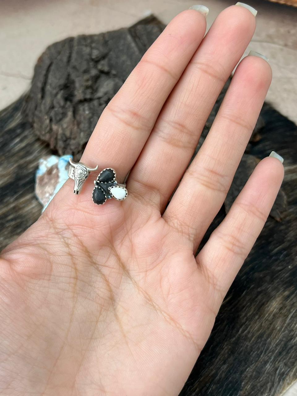 Handmade Sterling Silver White Buffalo Bull Adjustable Ring "Signed Nizhoni"