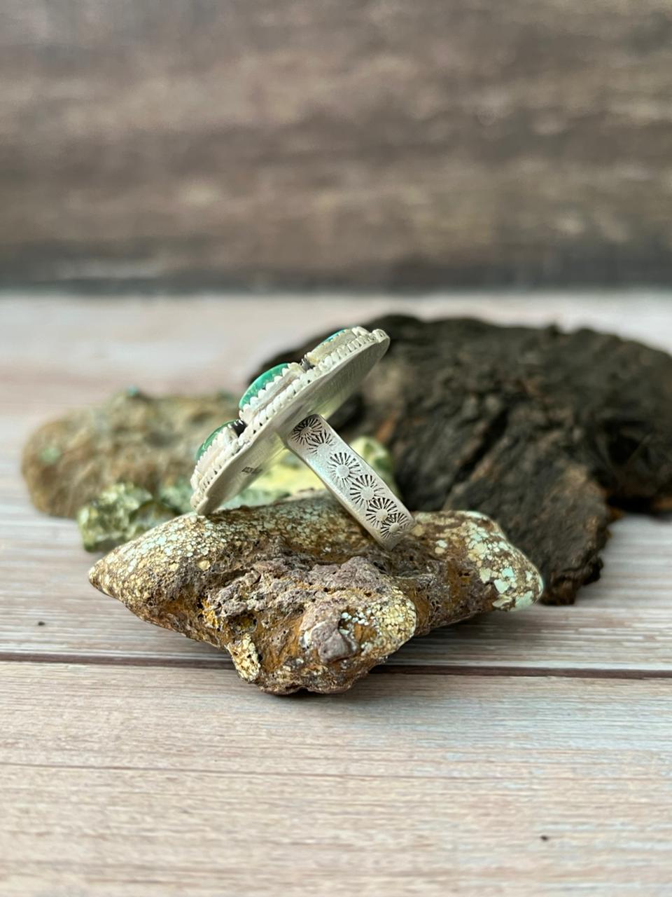 Handmade Sterling Silver Emerald Valley Turquoise Adjustable Ring With Signed Nizhoni