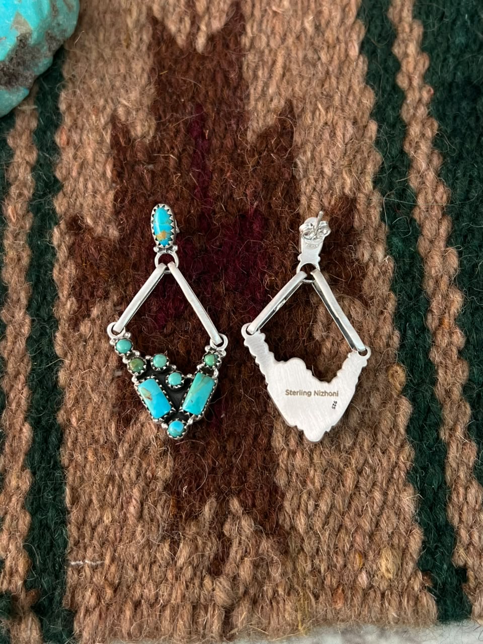 Handmade Sterling Silver Kingman Turquoise Post Dangle Earrings Signed Nizhoni