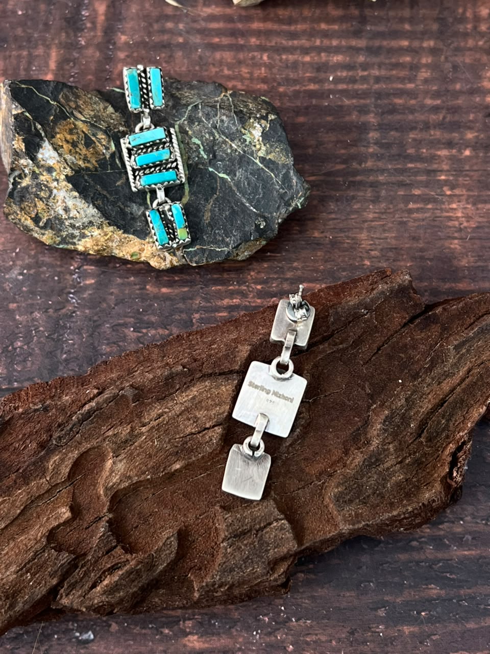 Handmade Sterling Silver Kingman Turquoise Post Dangle Earrings Signed Nizhoni