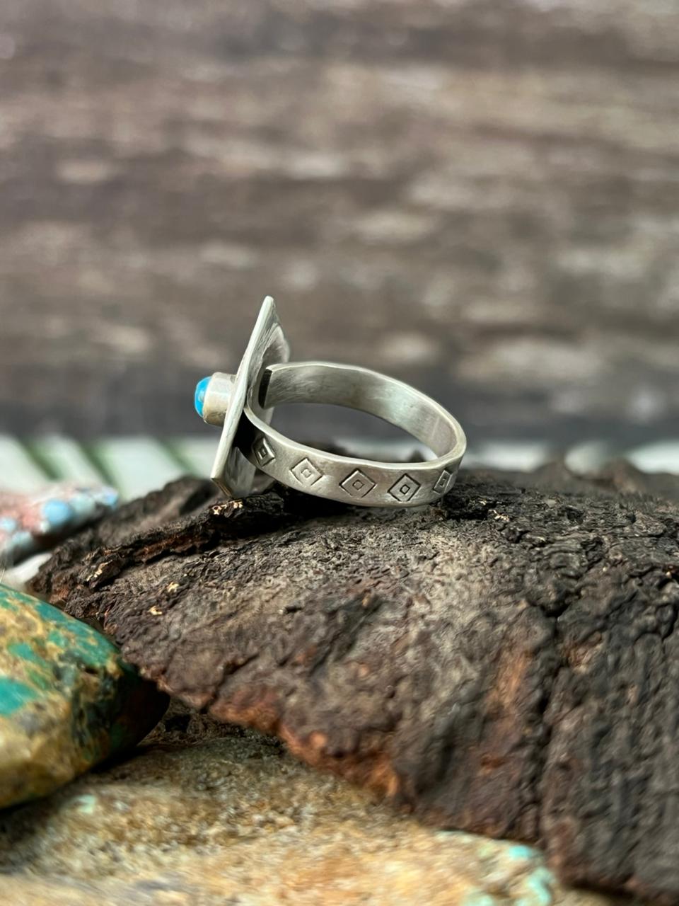 Handmade Sterling Silver Kingman Turquoise Adjustable Ring "Signed Nizhoni"