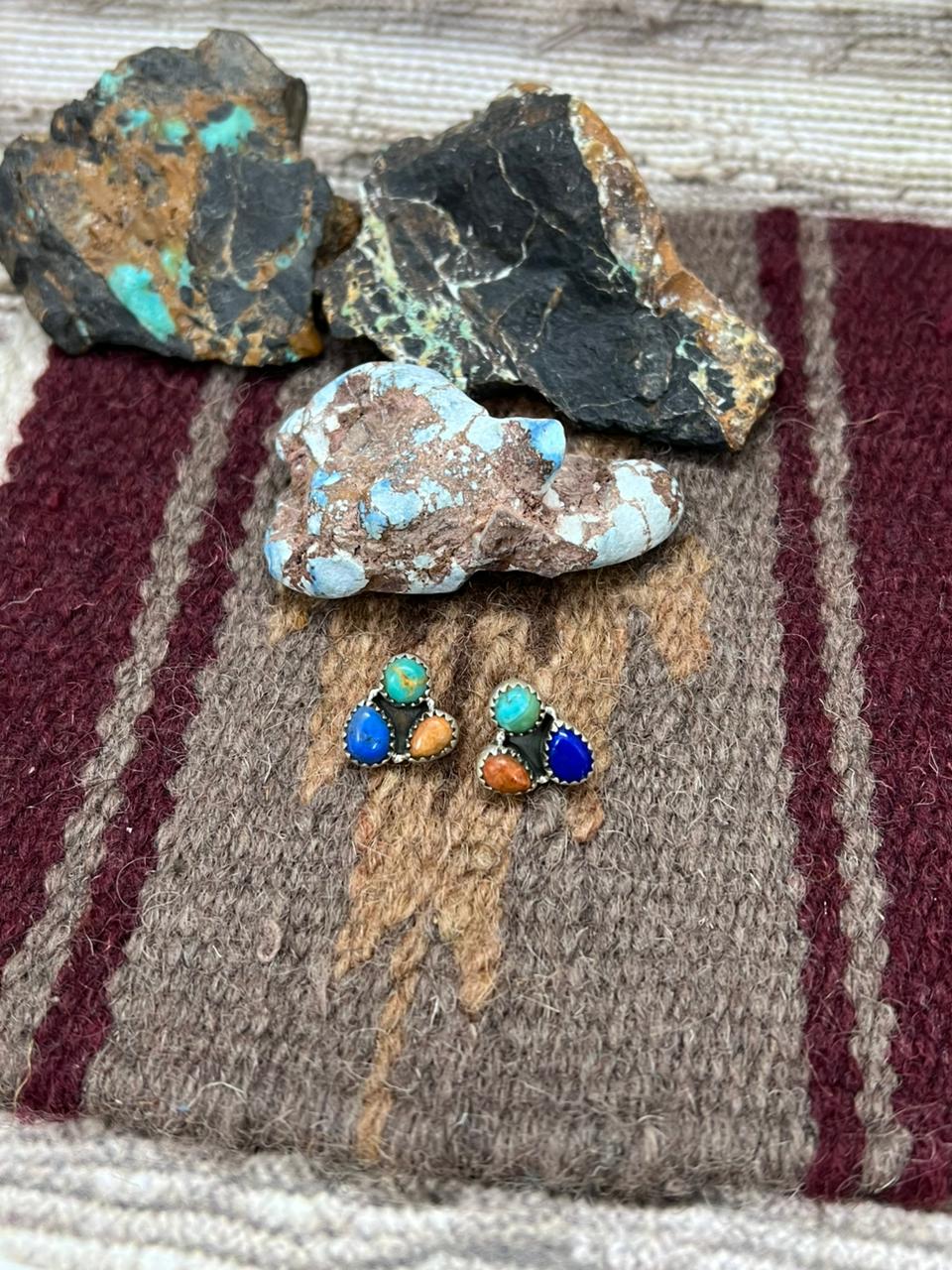 Handmade Sterling Silver Lapis with Kingman Turquosie and Orange Mojave Post Studs Earrings "Signed Nizhoni"
