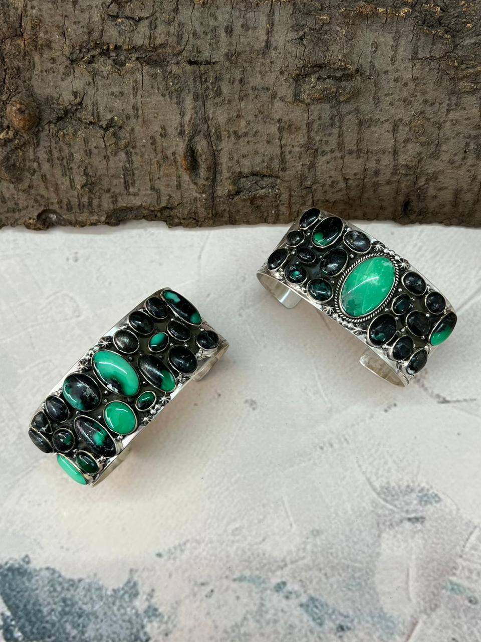 Handmade Sterling Silver Emerald Rose Cuff Bracelet "Signed Nizhoni"