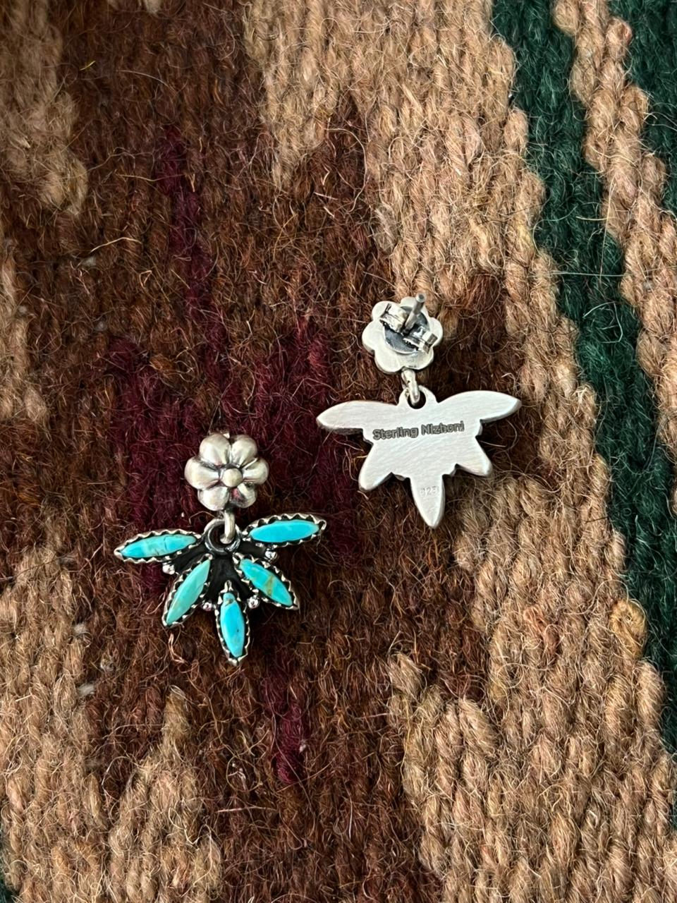 Handmade Sterling Silver Kingman Turquoise Post Dangle Earrings Signed Nizhoni