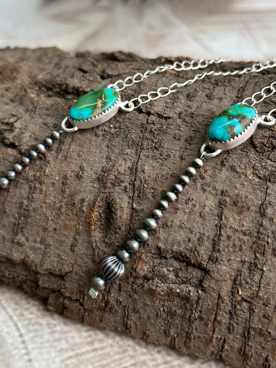 Handmade Sterling Silver Beaded Sonoran Mountain Turquoise Necklace "Signed Nizhoni"