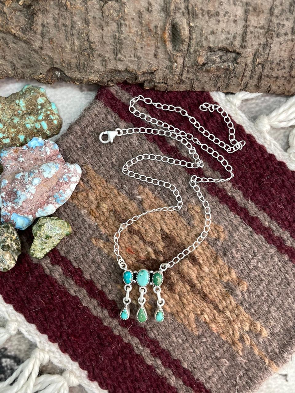 Handmade Sterling Silver Emerald Valley Turquoise Necklace "Signed Nizhoni"