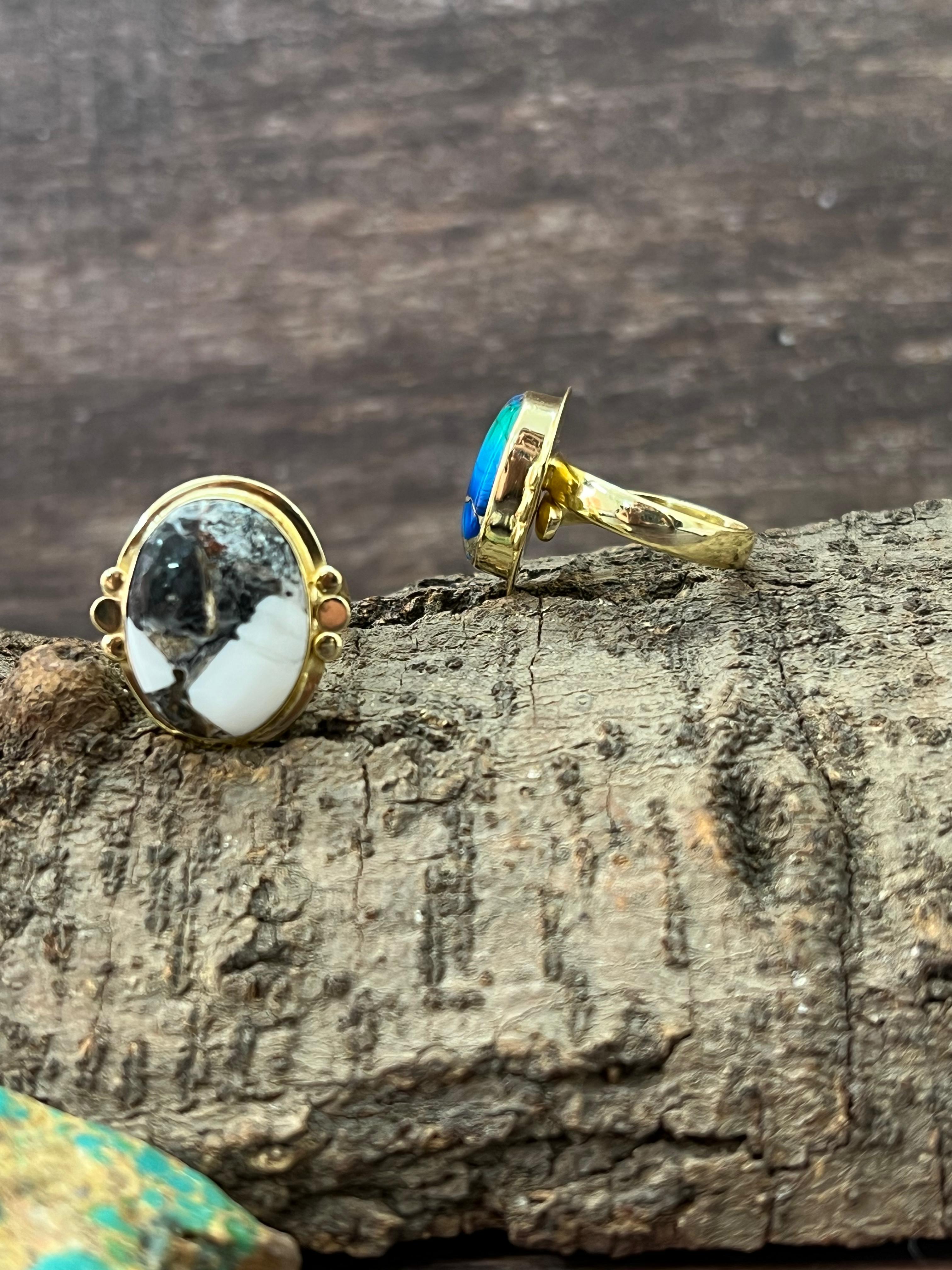 “The Golden Collection” Natural White Buffalo, Peacock Dahlia Adjustable Ring