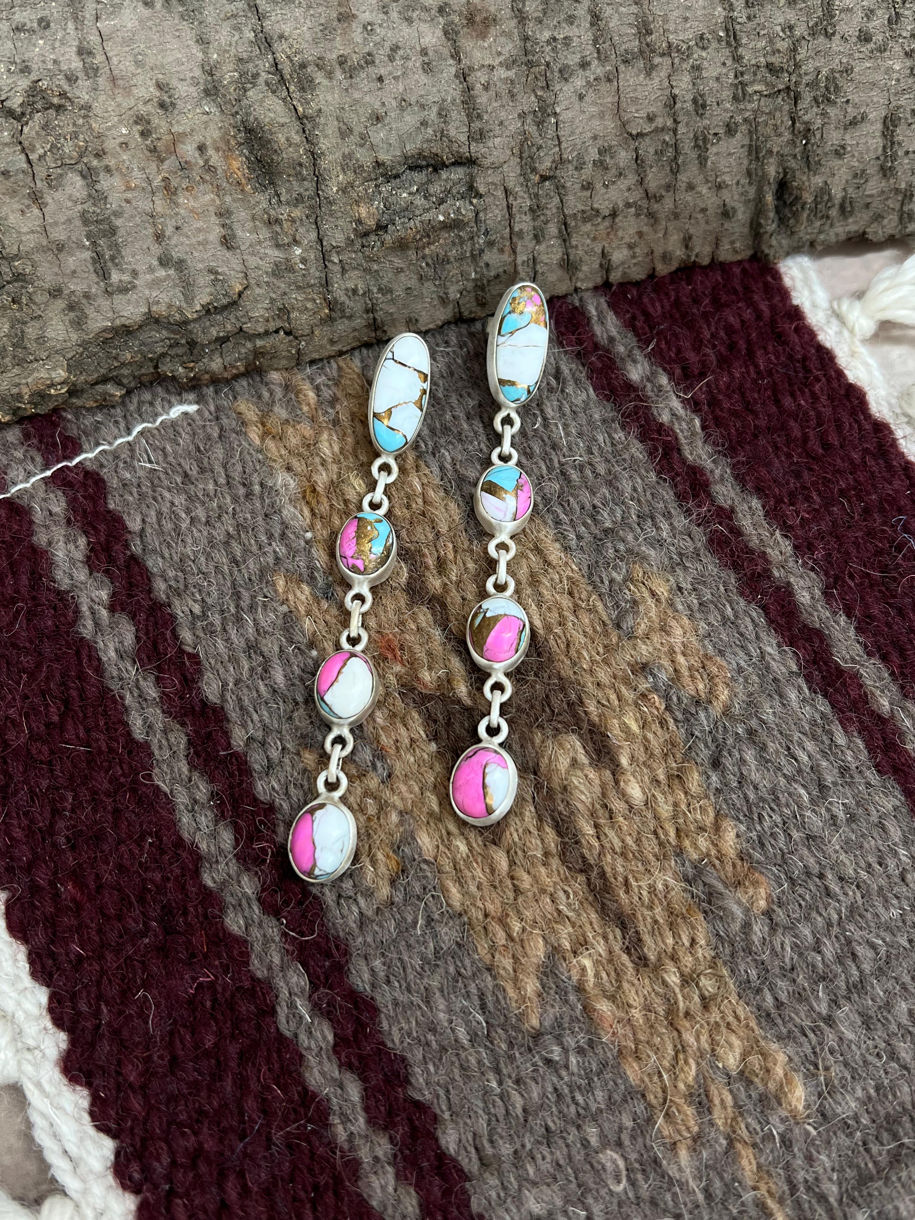 Handmade Sterling Silver Cotton Candy Turquoise Post Dangle Earrings with Signed Nizhoni