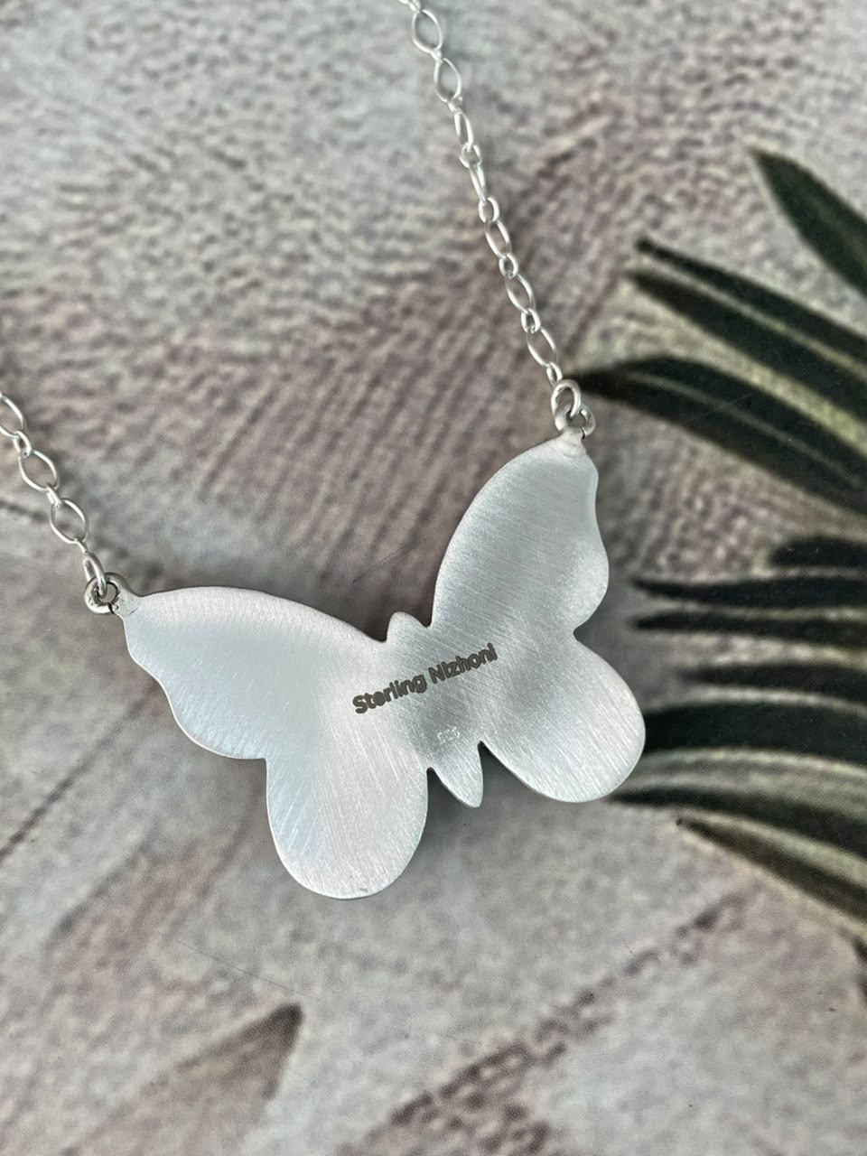 Handmade Sterling Silver Orange Mojave with Kingman Turquoise Butterfly Necklace Signed Nizhoni