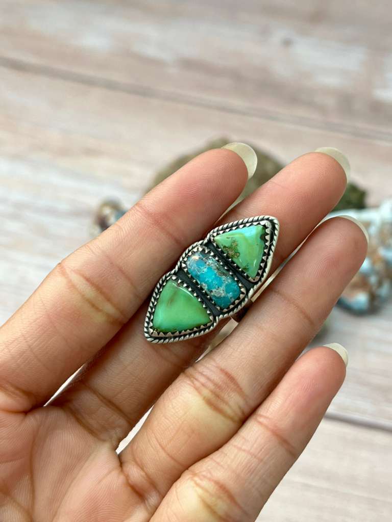 Handmade Sterling Silver Sonoran Mountain Turquoise with White Water Adjustable Ring "Signed Nizhoni"