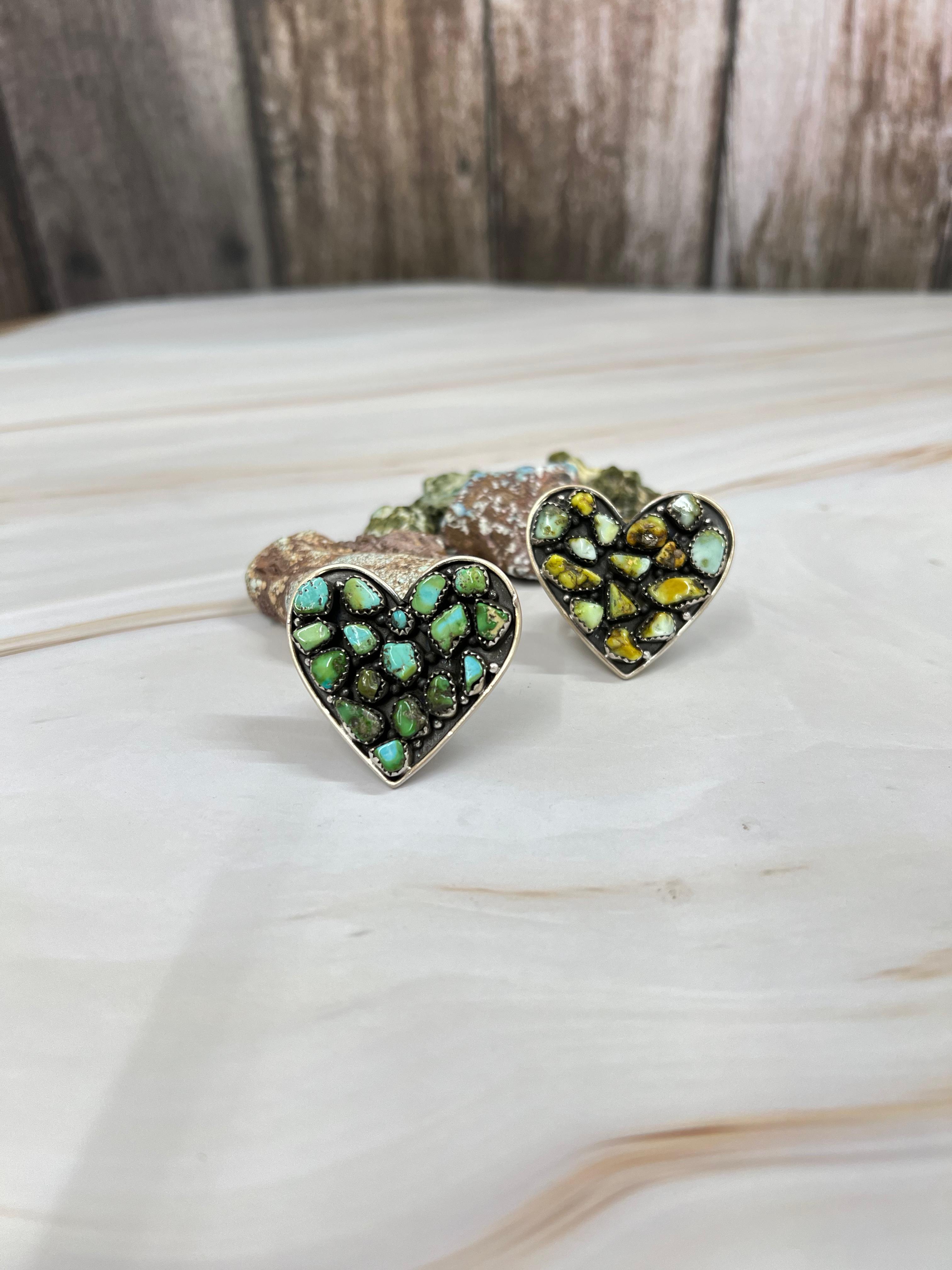 Handmade Sterling Silver Palomino, Sonoran Mountain Turquoise Heart Adjustable Ring with Signed Nizhoni