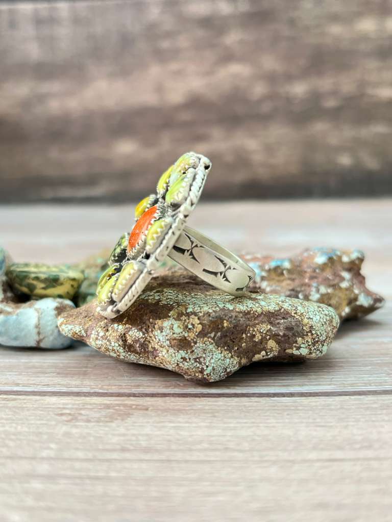 Handmade Sterling Silver Apple Coral and Palomino Adjustable Ring "Signed Nizhoni"