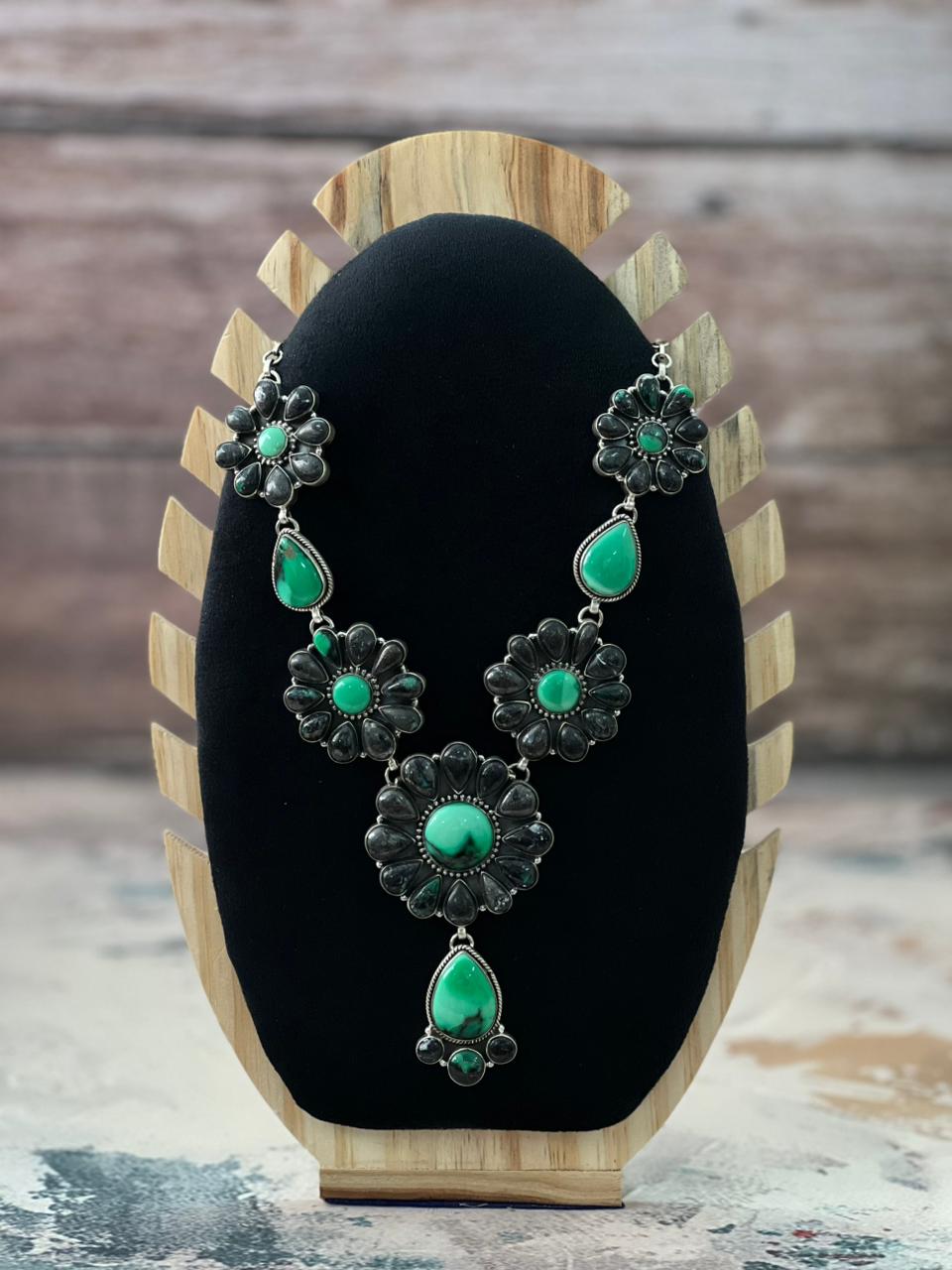 Handmade Sterling Silver Emerald Rose Necklace "Signed Nizhoni"