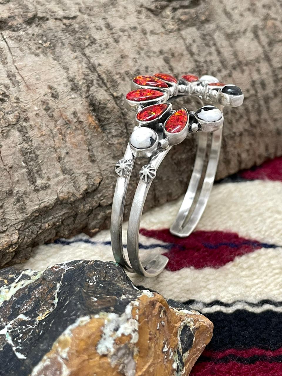 "Christmas Collection" Handmade Sterling Silver White Buffalo With Red Opal Naja Cuff Bracelet "Signed Nizhoni"