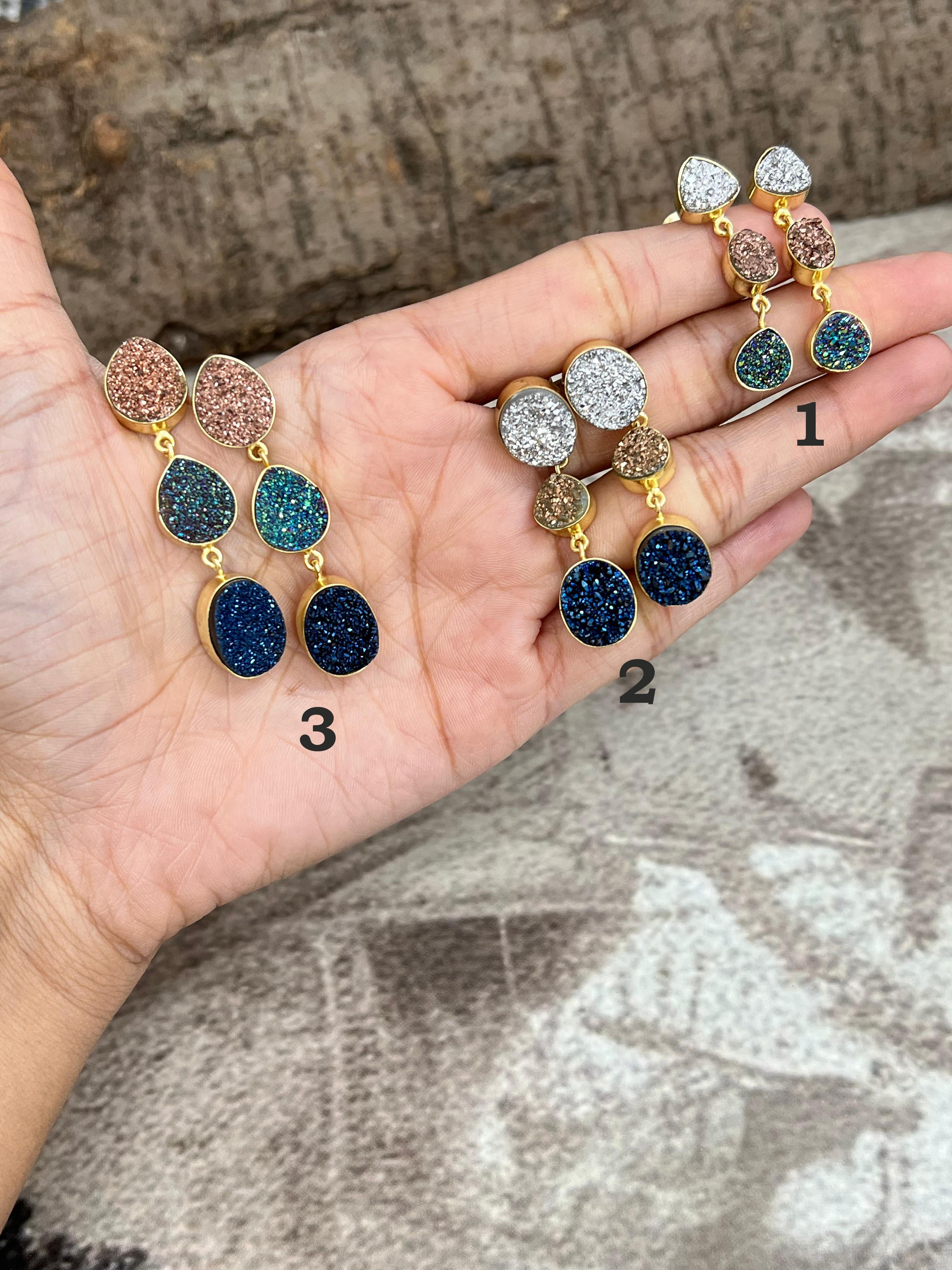 “The Boho Collection” Handmade Natural 3 Stone Druzy Post Dangle Earrings