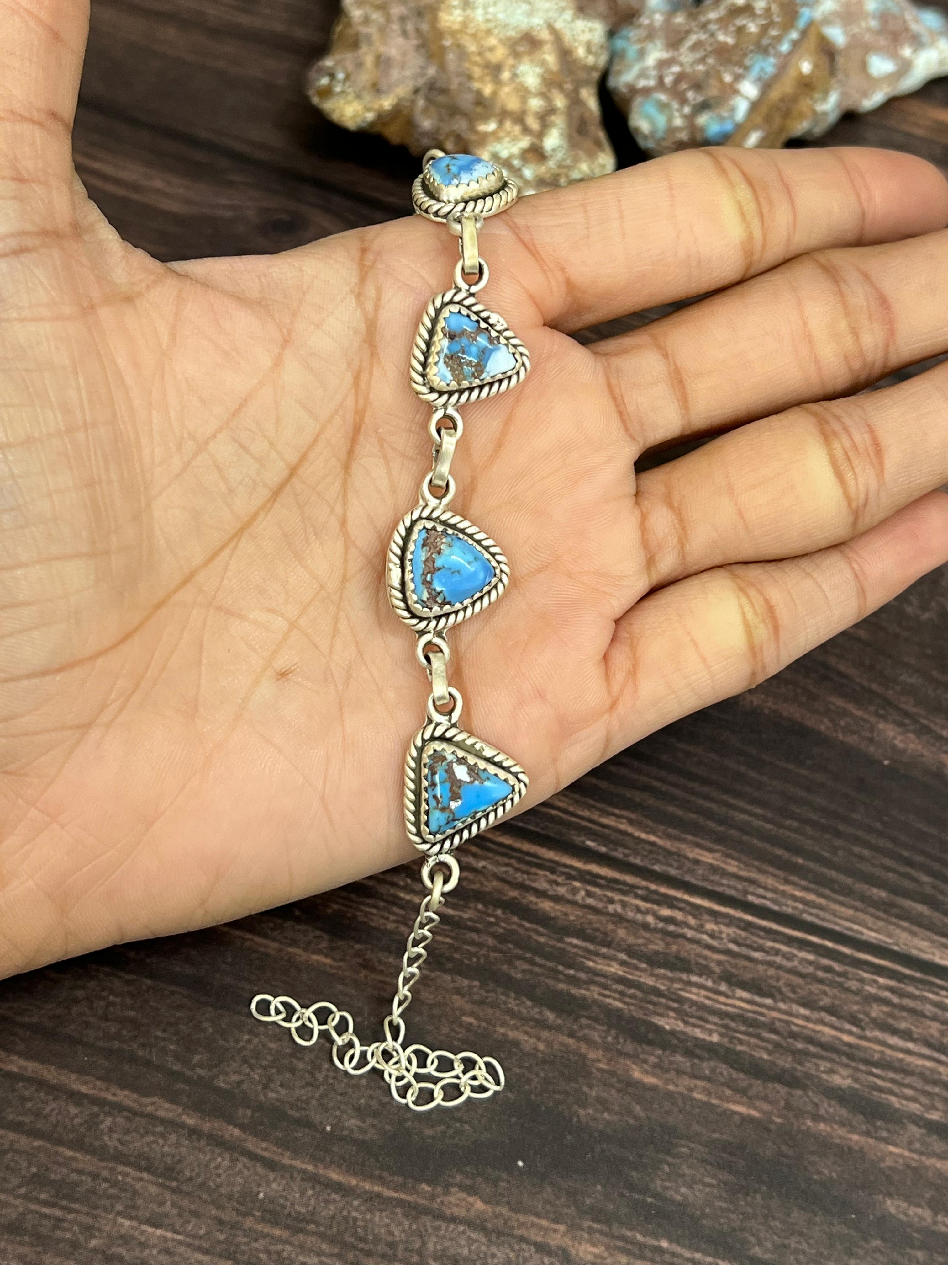 Handmade Sterling Silver Golden Hills Turquoise Chain Bracelet with Signed Nizhoni