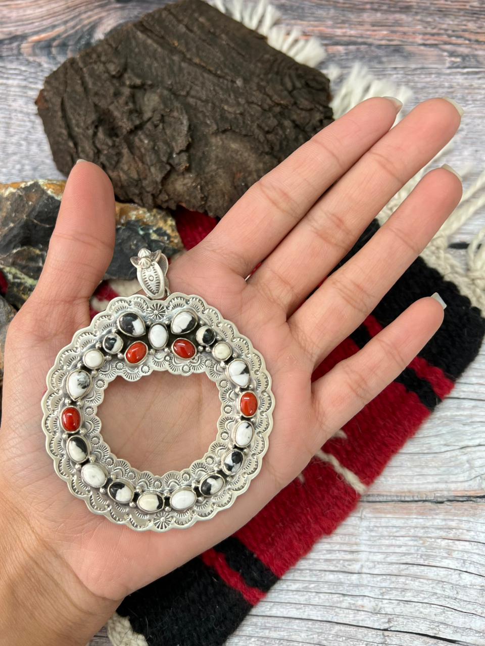 "Christmas Collection" Handmade Sterling Silver White Buffalo with Coral Pendant "Signed Nizhoni"