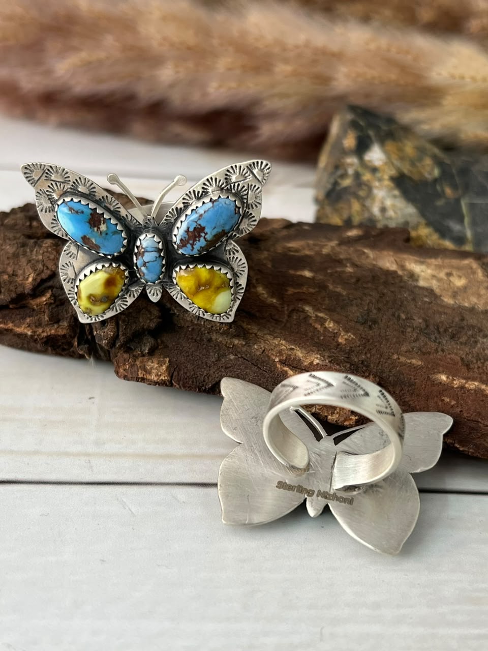 Handmade Sterling Silver Golden Hills with Palomino Turquoise Butterfly Adjustable Ring Signed Nizhoni