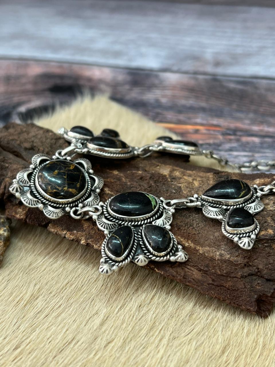 Handmade Sterling Silver Blackjack Turquoise Choker Necklace "Signed Nizhoni"