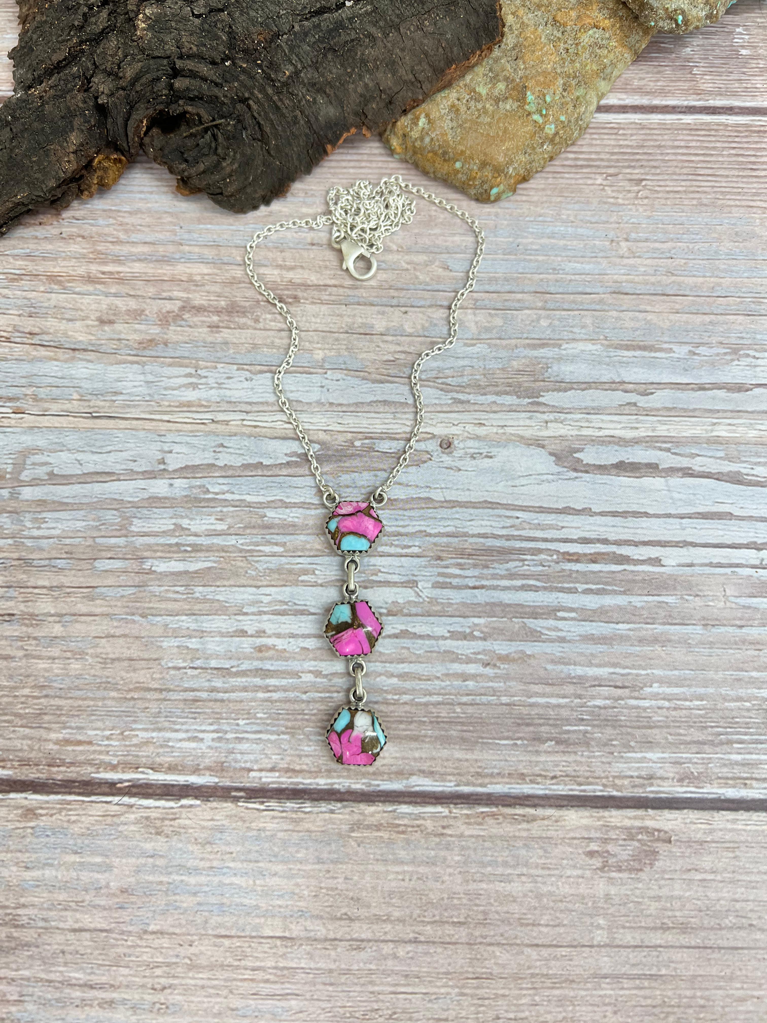 Handmade Sterling Silver Cotton Candy Turquoise Necklace with Signed Nizhoni