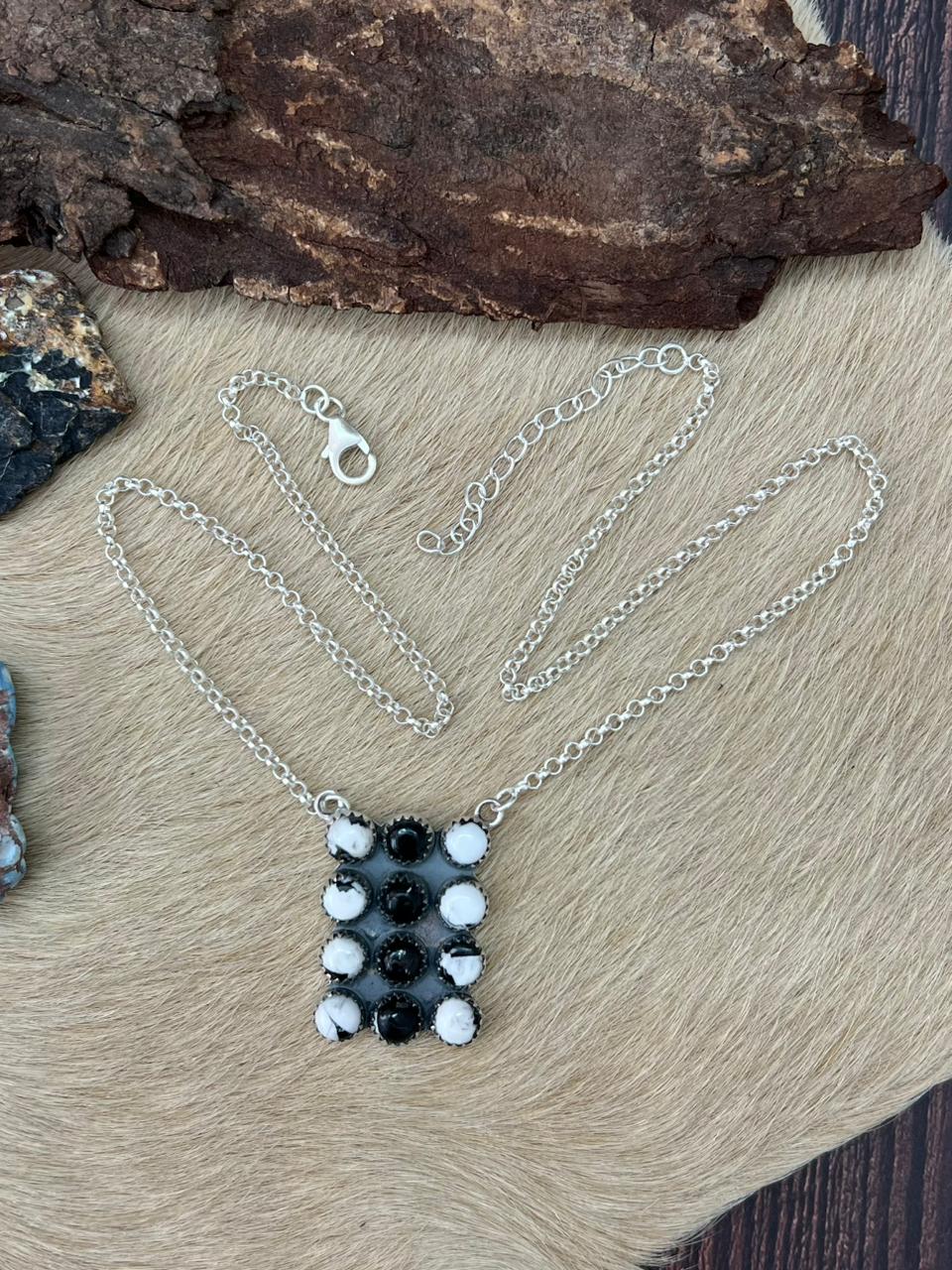 Handmade Sterling Silver White Buffalo Bar Necklace "Signed Nizhoni"