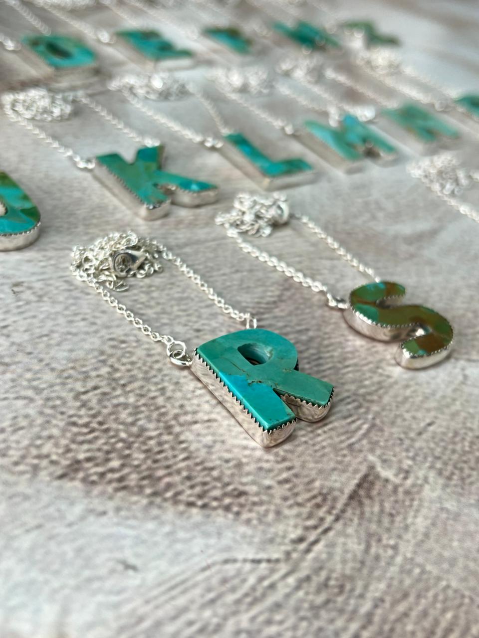 Handmade Sterling Silver Kingman Turquoise Multiple Letters Necklace with Signed Nizhoni