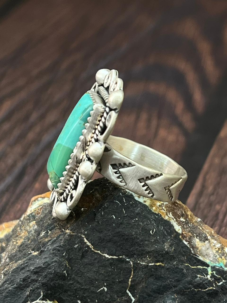 Handmade Sterling Silver Kingman Turquoise Adjustable Ring "Singed Nizhoni"
