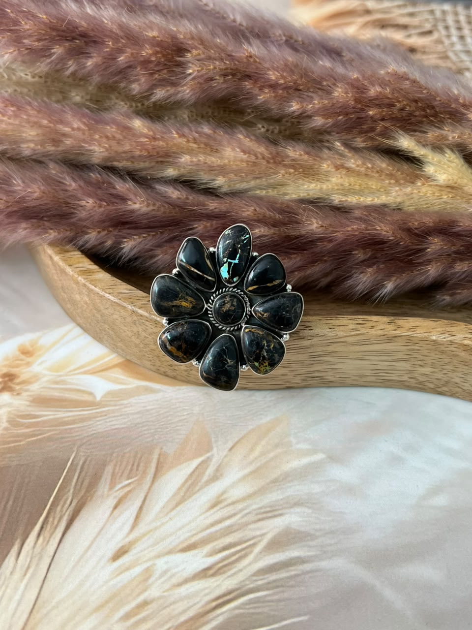 Handmade Sterling Silver Blackjack Turquoise Collection: Adjustable Ring Signed Nizhoni