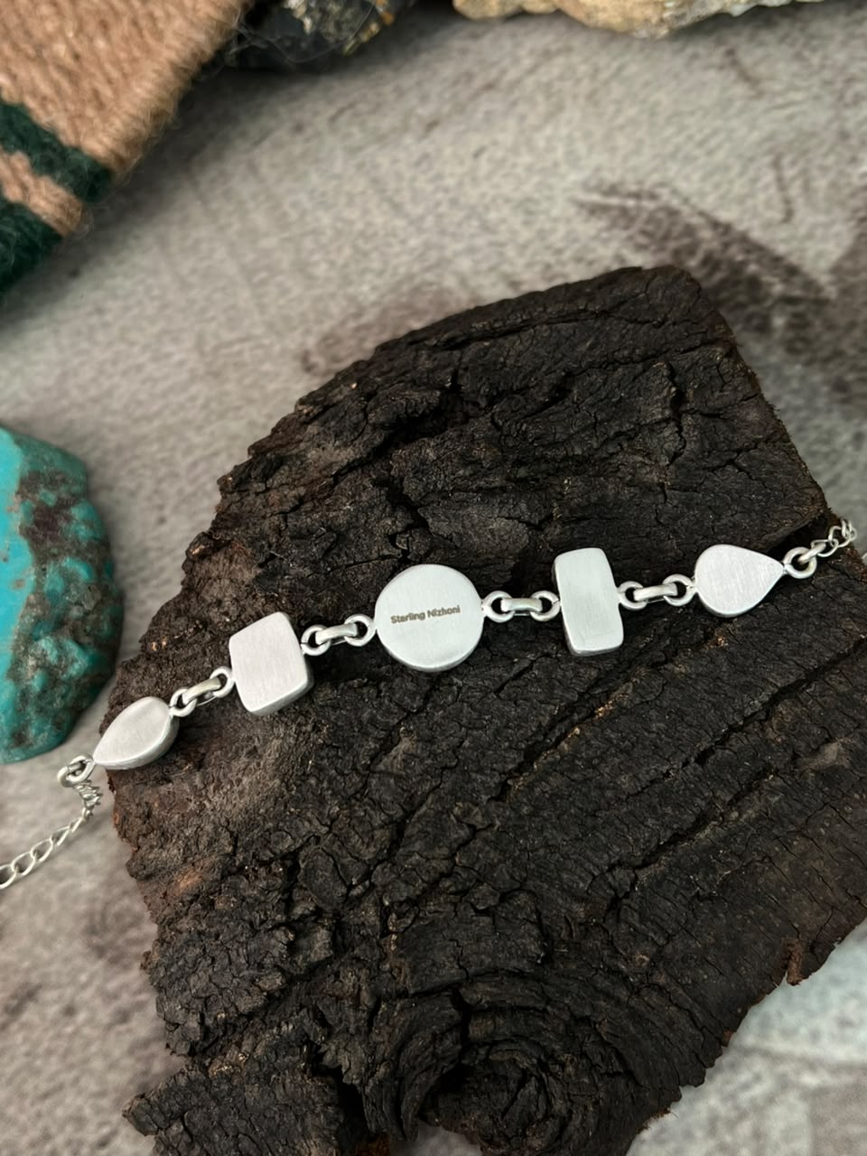 Handmade Sterling Silver Pilot Mountain Turquoise Chain Bracelet Signed Nizhoni