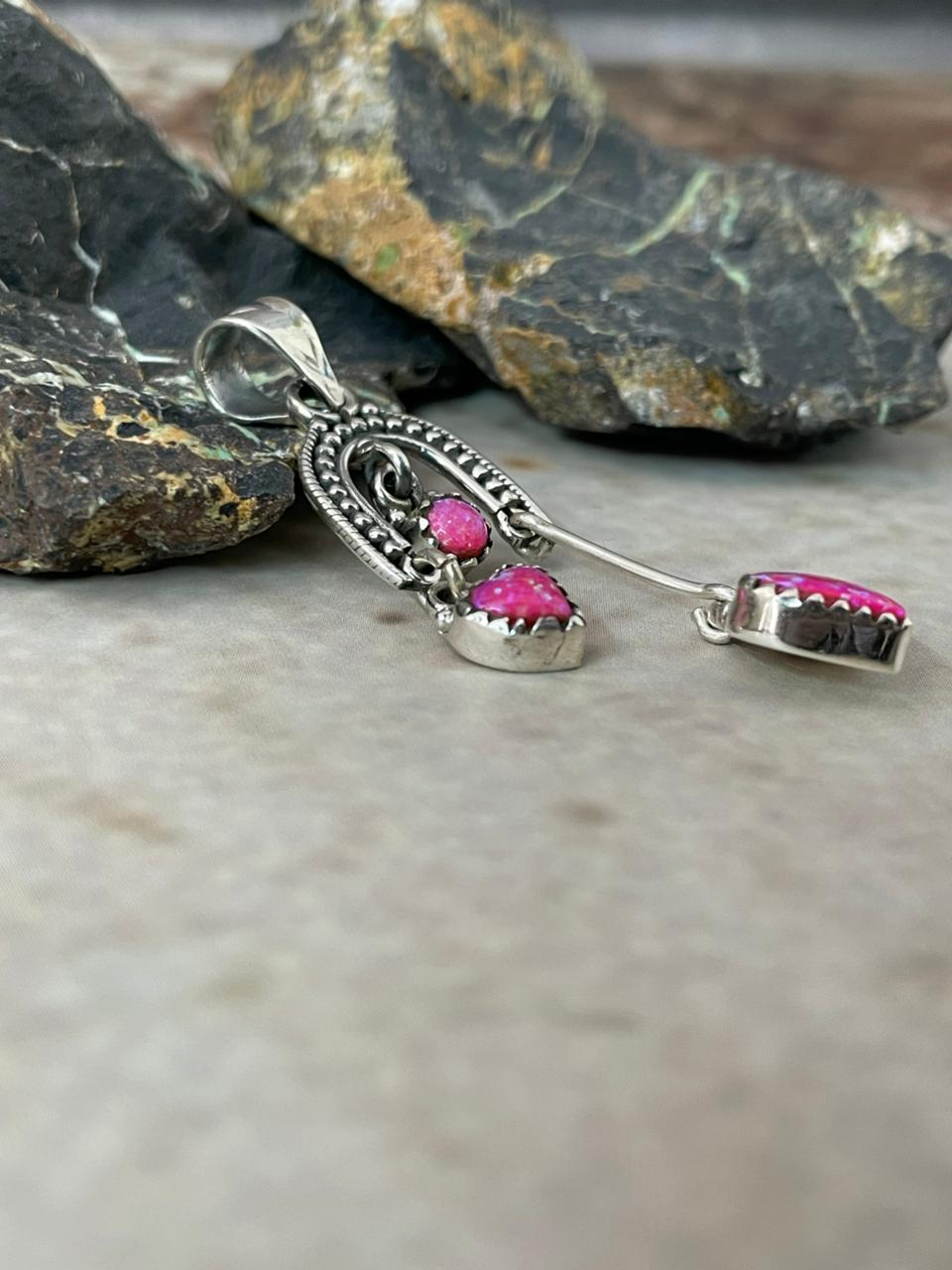 "Heart Collection" Handmade Sterling Silver Hot Pink Pendant "Signed Nizhoni"