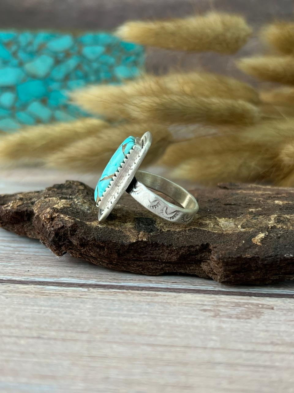 Handmade Sterling Silver Mint Dahlia Collection: Adjustable Bar Ring "Signed Nizhoni" (5)