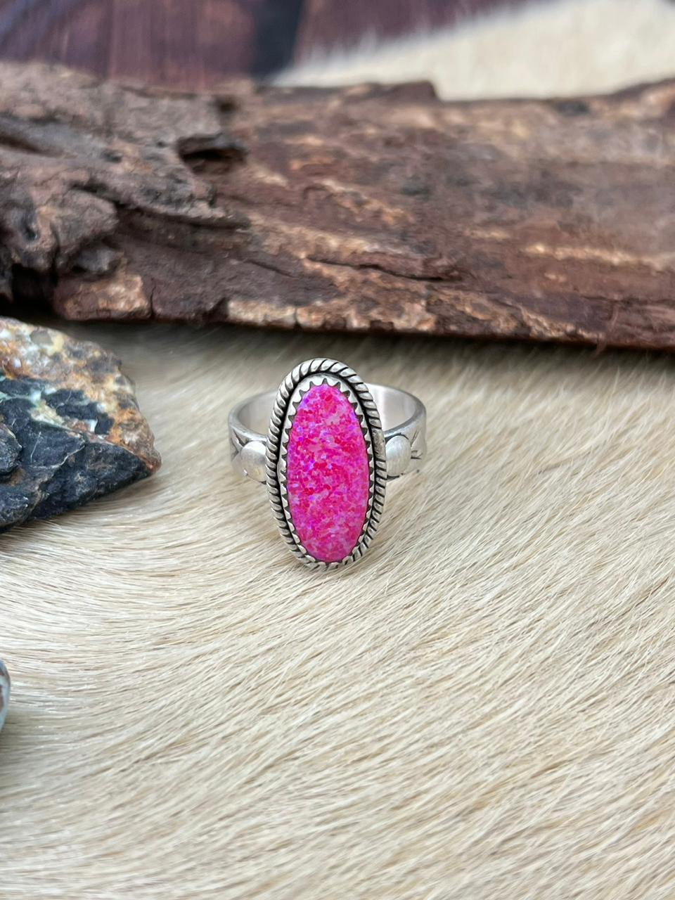 Handmade Sterling Silver Hot Pink Adjustable Ring "Signed Nizhoni"