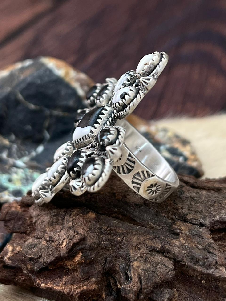 Handmade Sterling Silver White Buffalo Adjustable Ring "Signed Nizhoni"