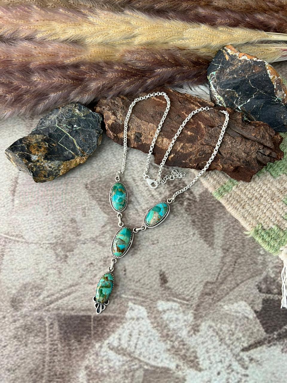 Handmade Sterling Silver Kingman Turquoise Drop Necklace "Signed Nizhoni"