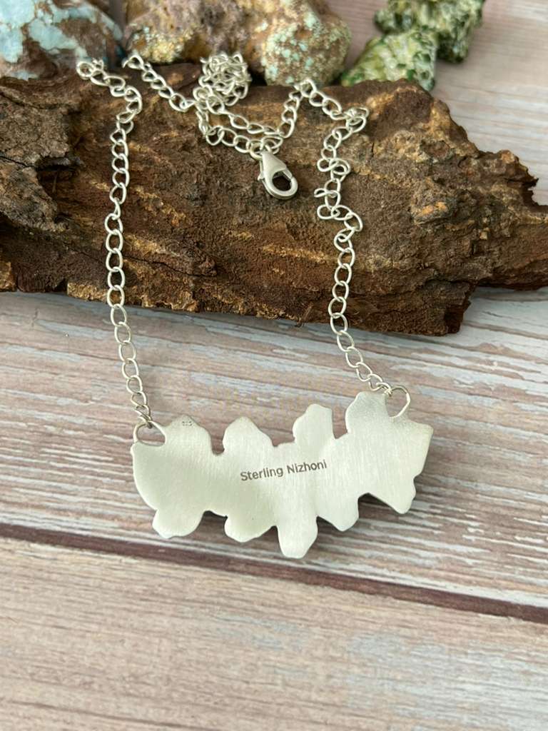 Handmade Sterling Silver Kingman Turquoise Necklace with Signed Nizhoni