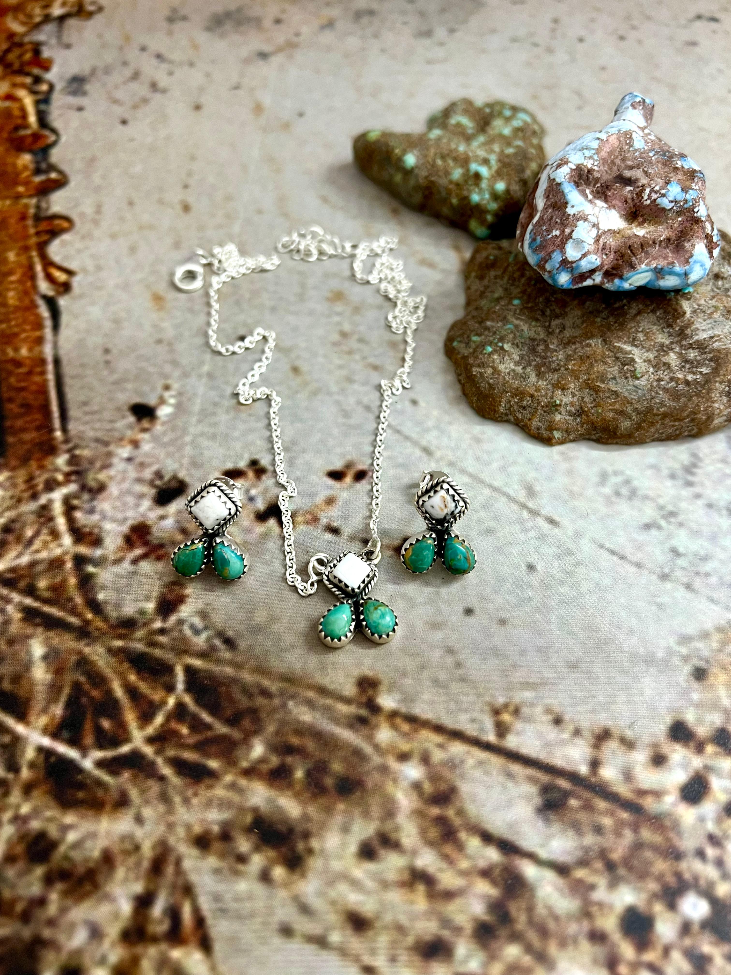 Handmade Sterling Silver White Buffalo with Kingman Necklace Earrings Set, Signed Nizhoni